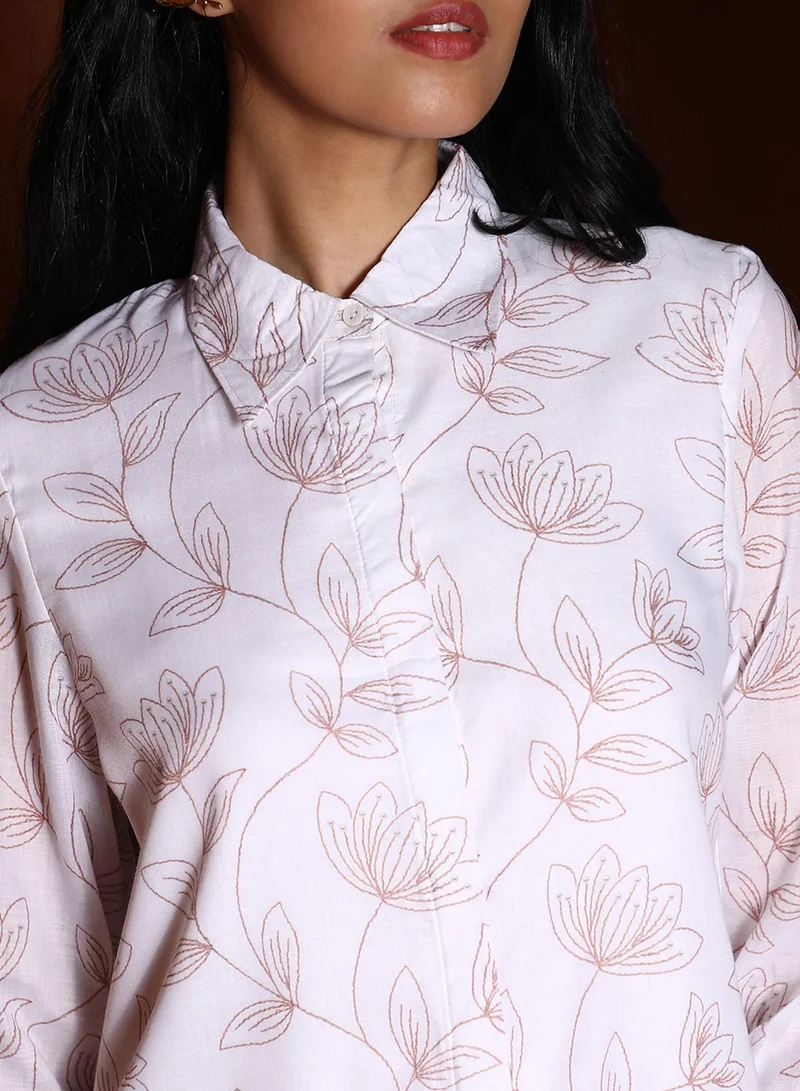 Qissa  Women's Ivory White Flora Lined Kurti With Trousers For Casual Wear | Spread Collar | Quarter Sleeve | 2 Piece Kurta Set Designed With Comfort Fit For Everyday Ethnic Wear for Women | Best Price UAE